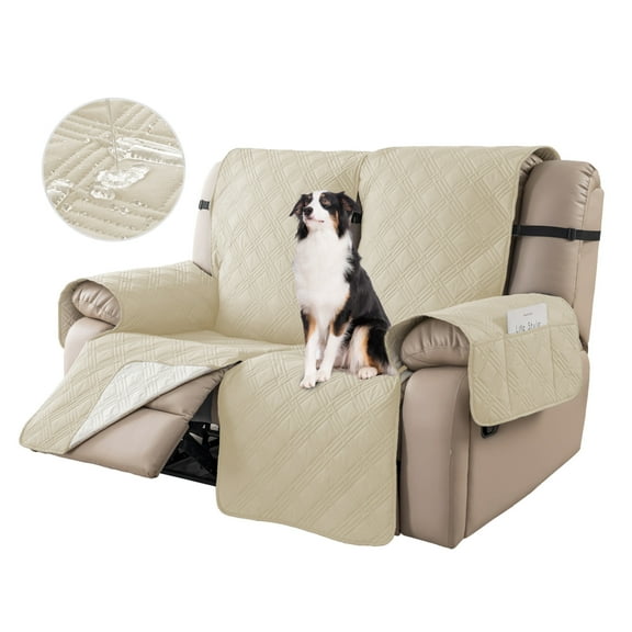 Lavish Cover 100% Waterproof Recliner Loveseat Cover, 2 Pieces Non-Slip Recliner Couch Slipcovers, Washable Furniture Protector with Pockets & Elastic Straps for Kids Pets, 2 Seaters, Beige