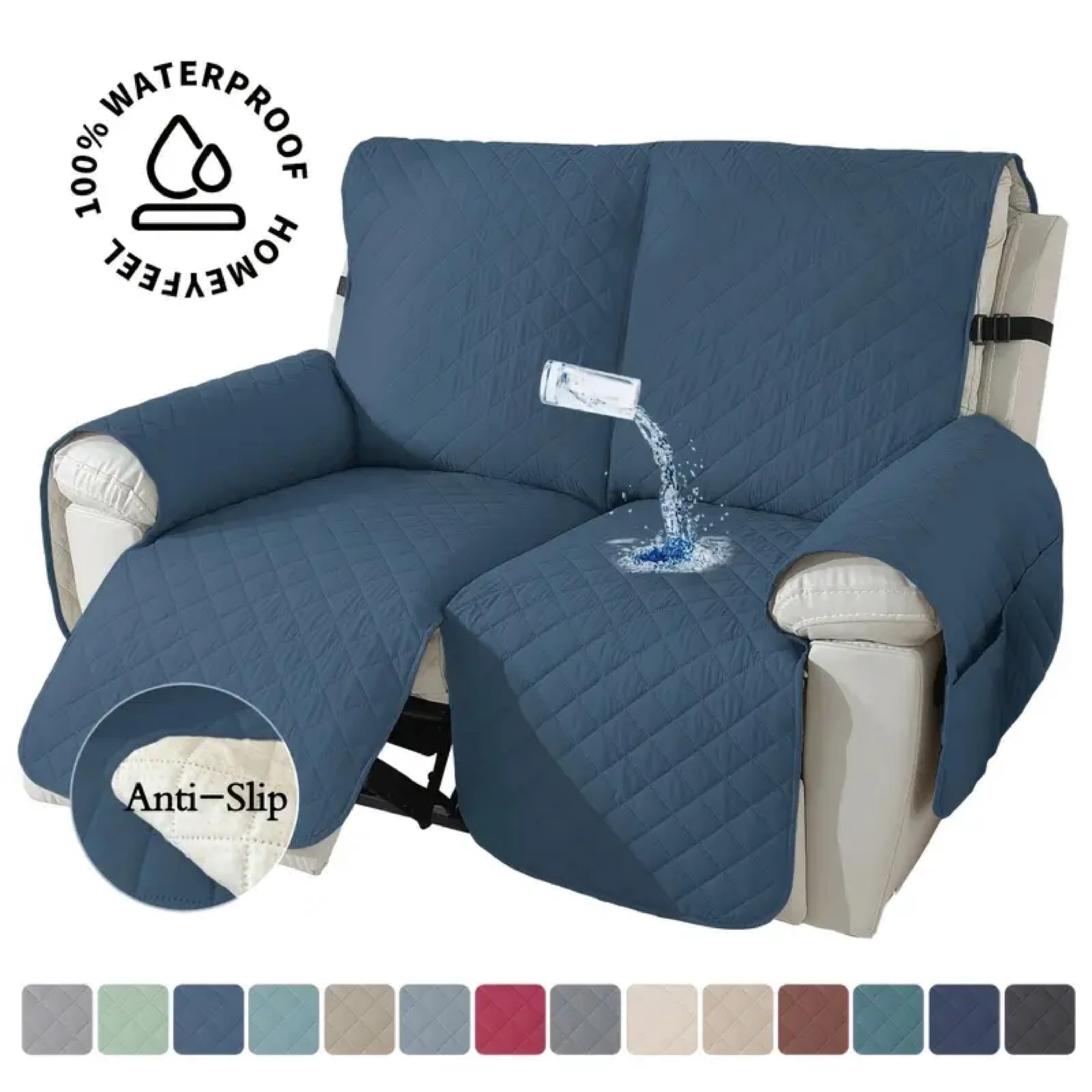 Lavish Cover 100% Waterproof Recliner Loveseat Cover, 2 Pieces Non-Slip Recliner Couch Slipcovers, Washable Furniture Protector with Pockets & Elastic Straps for Kids Pets, 2 Seaters, Berlin Blue