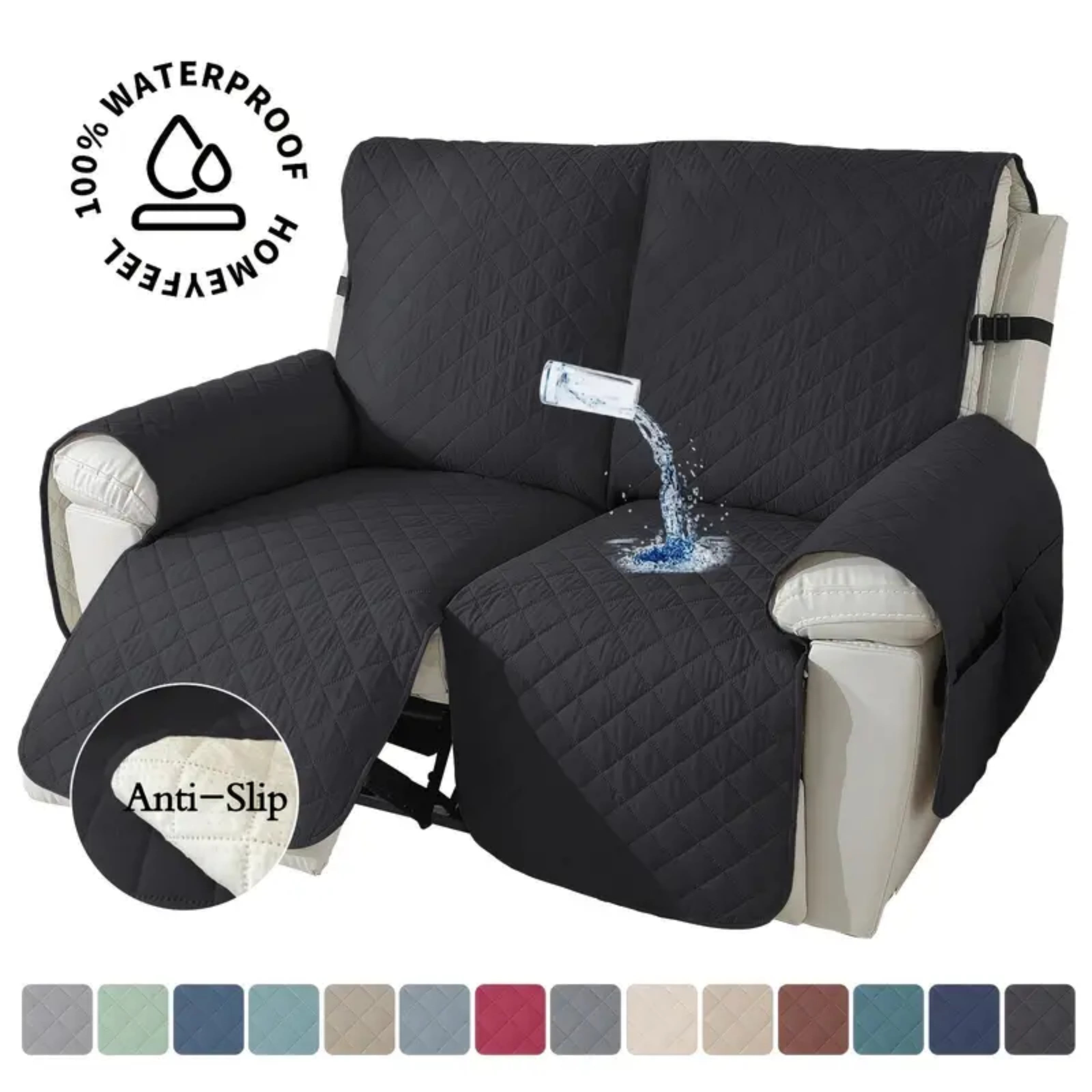 Lavish Cover 100% Waterproof Recliner Loveseat Cover, 2 Pieces Non-Slip Recliner Couch Slipcovers, Washable Furniture Protector with Pockets & Elastic Straps for Kids Pets, 2 Seaters, Black