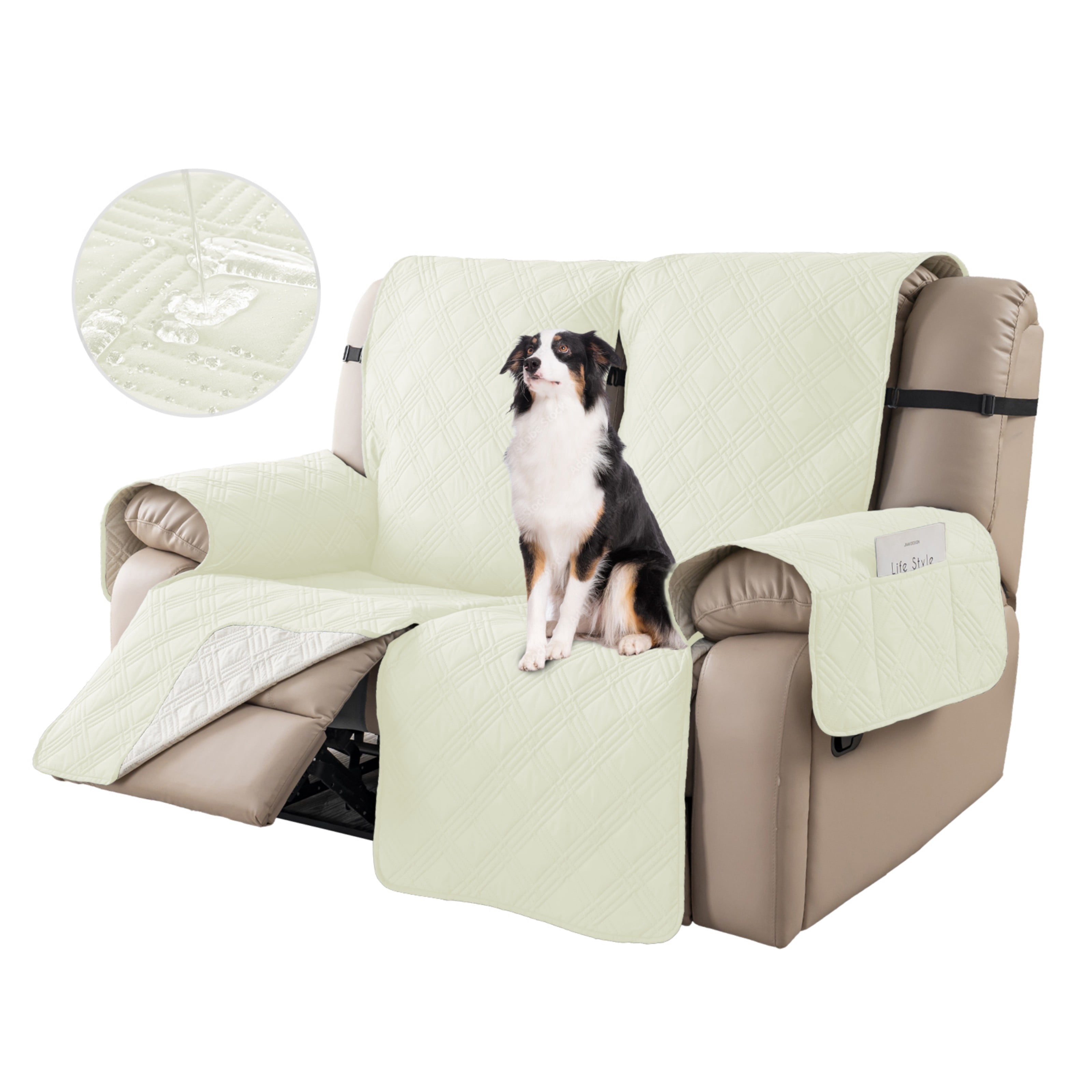 Lavish Cover 100% Waterproof Recliner Loveseat Cover, 2 Pieces Non-Slip Recliner Couch Slipcovers, Washable Furniture Protector with Pockets & Elastic Straps for Kids Pets, 2 Seaters, Cream White