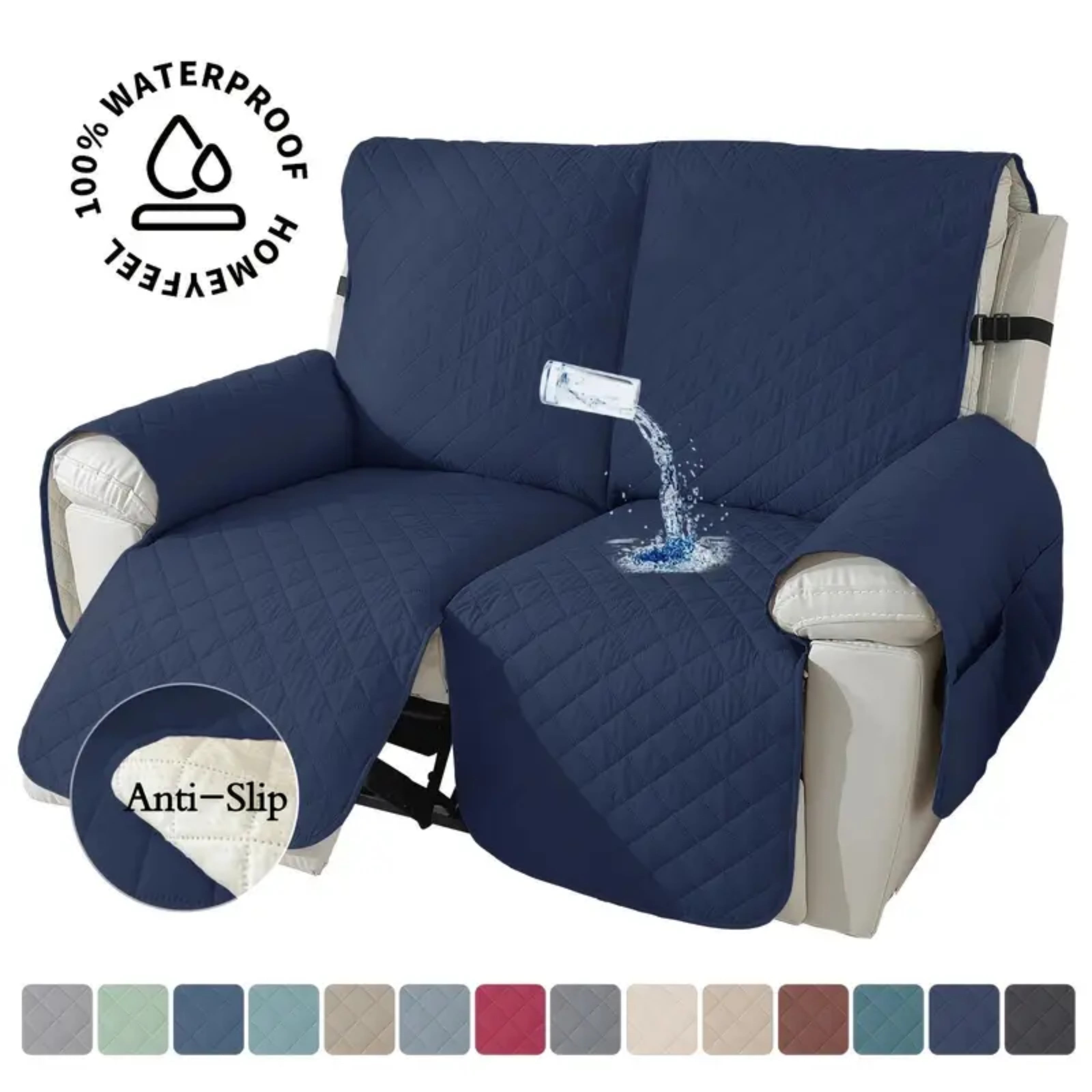 Lavish Cover 100% Waterproof Recliner Loveseat Cover, 2 Pieces Non-Slip Recliner Couch Slipcovers, Washable Furniture Protector with Pockets & Elastic Straps for Kids Pets, 2 Seaters, Dark Blue