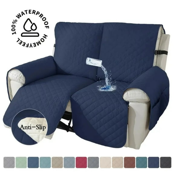 Lavish Cover 100% Waterproof Recliner Loveseat Cover, 2 Pieces Non-Slip Recliner Couch Slipcovers, Washable Furniture Protector with Pockets & Elastic Straps for Kids Pets, 2 Seaters, Dark Blue