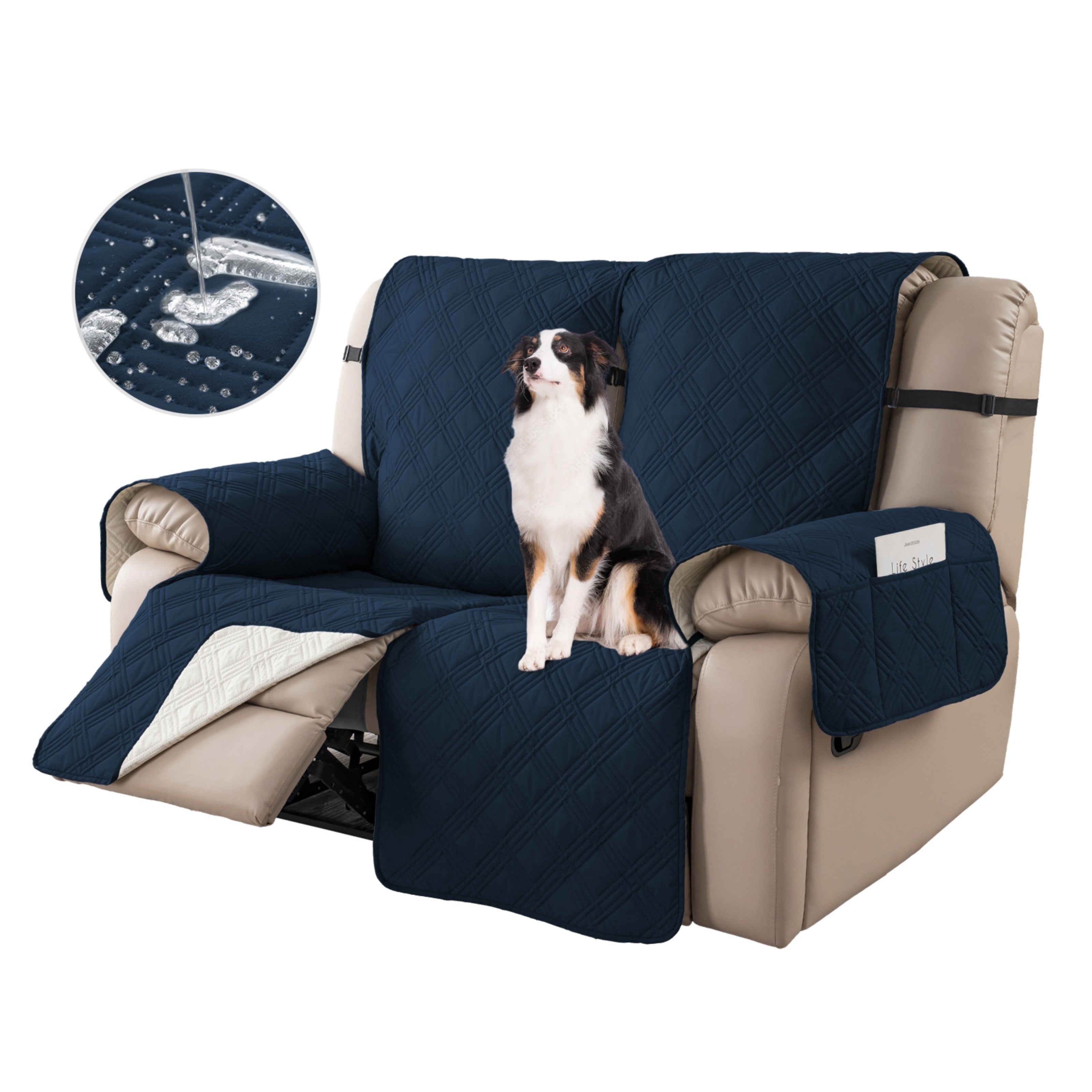 Lavish Cover 100% Waterproof Recliner Loveseat Cover, 2 Pieces Non-Slip Recliner Couch Slipcovers, Washable Furniture Protector with Pockets & Elastic Straps for Kids Pets, 2 Seaters, Dark Blue