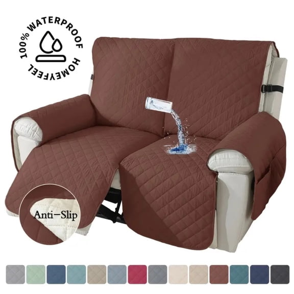 Lavish Cover 100% Waterproof Recliner Loveseat Cover, 2 Pieces Non-Slip Recliner Couch Slipcovers, Washable Furniture Protector with Pockets & Elastic Straps for Kids Pets, 2 Seaters, Dark Coffee