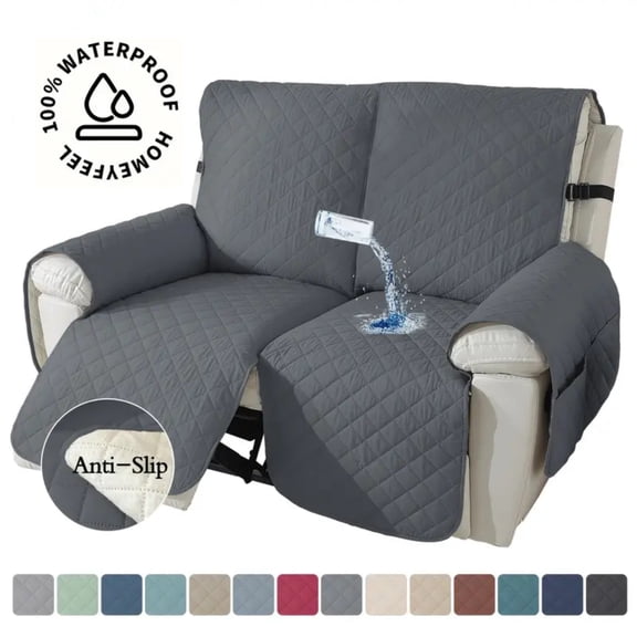 Lavish Cover 100% Waterproof Recliner Loveseat Cover, 2 Pieces Non-Slip Recliner Couch Slipcovers, Washable Furniture Protector with Pockets & Elastic Straps for Kids Pets, 2 Seaters, Dark Gray