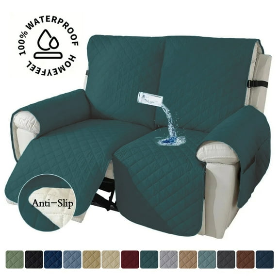 Lavish Cover 100% Waterproof Recliner Loveseat Cover, 2 Pieces Non-Slip Recliner Couch Slipcovers, Washable Furniture Protector with Pockets & Elastic Straps for Kids Pets, 2 Seaters, Dark Green