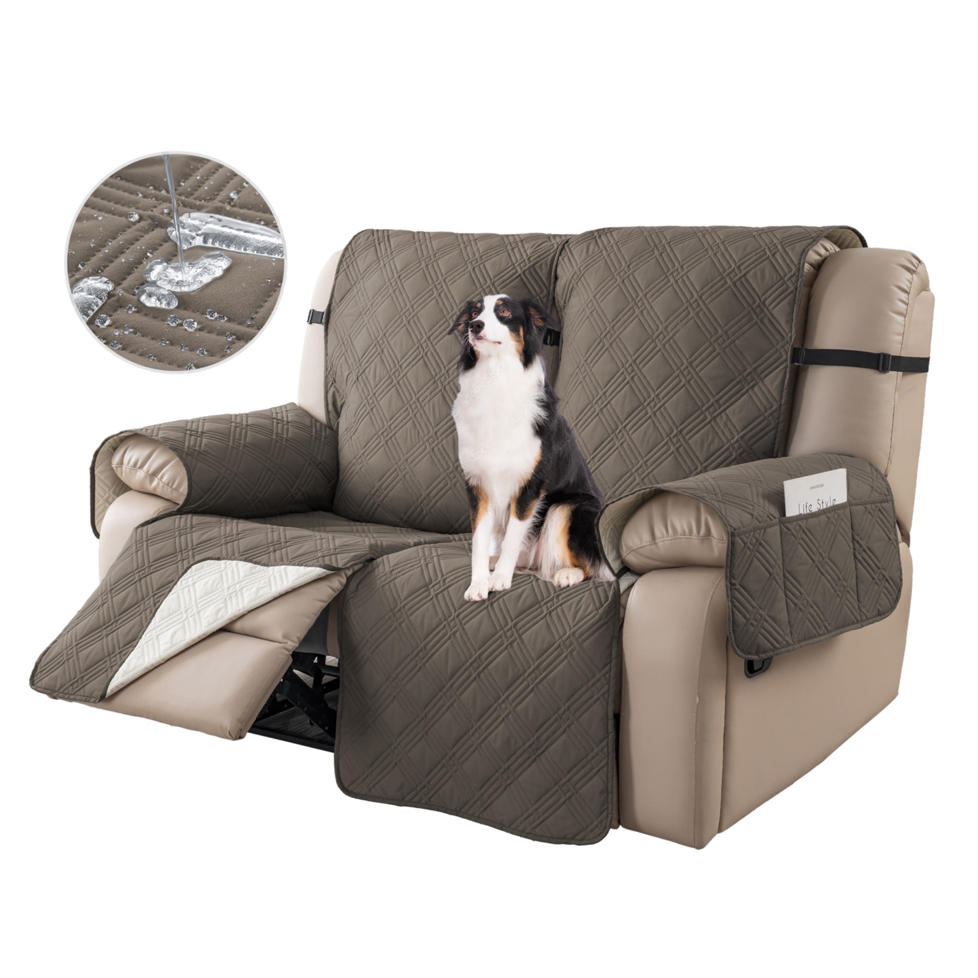 Lavish Cover 100% Waterproof Recliner Loveseat Cover, 2 Pieces Non-Slip Recliner Couch Slipcovers, Washable Furniture Protector with Pockets & Elastic Straps for Kids Pets, 2 Seaters, Gray Brown