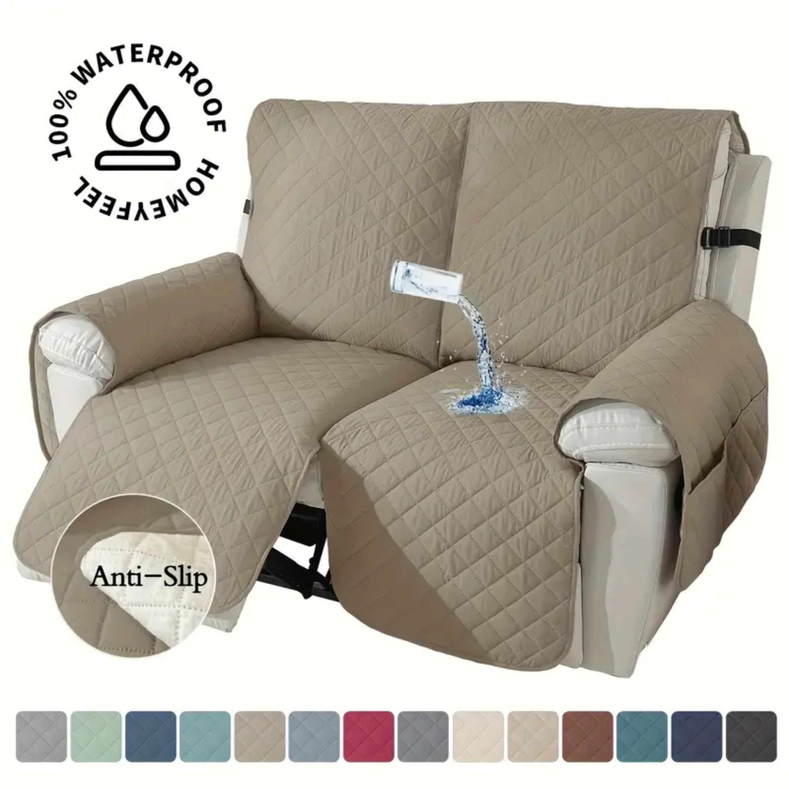 Lavish Cover 100% Waterproof Recliner Loveseat Cover, 2 Pieces Non-Slip Recliner Couch Slipcovers, Washable Furniture Protector with Pockets & Elastic Straps for Kids Pets, 2 Seaters, Light Coffee
