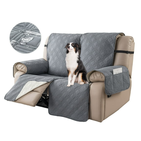 Lavish Cover 100% Waterproof Recliner Loveseat Cover, 2 Pieces Non-Slip Recliner Couch Slipcovers, Washable Furniture Protector with Pockets & Elastic Straps for Kids Pets, 2 Seaters, Light Gray
