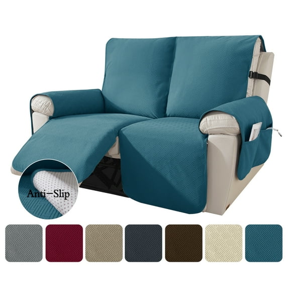 Lavish Cover 100% Waterproof Recliner Loveseat Cover, 2 Pieces Non-Slip Recliner Couch Slipcovers, Washable Furniture Protector with Pockets & Elastic Straps for Kids Pets, 2 Seaters, Peacock Blue