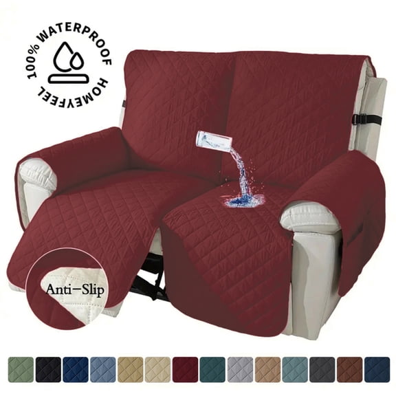 Lavish Cover 100% Waterproof Recliner Loveseat Cover, 2 Pieces Non-Slip Recliner Couch Slipcovers, Washable Furniture Protector with Pockets & Elastic Straps for Kids Pets, 2 Seaters, Wine Red