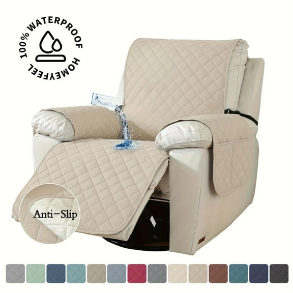 Lavish Cover 100% Waterproof Recliner Chair Cover, 1 Piece Non-Slip Recliner Chair Slipcovers, Washable Furniture Protector with Pockets & Elastic Straps for Kids Pets, 28 inch, Beige