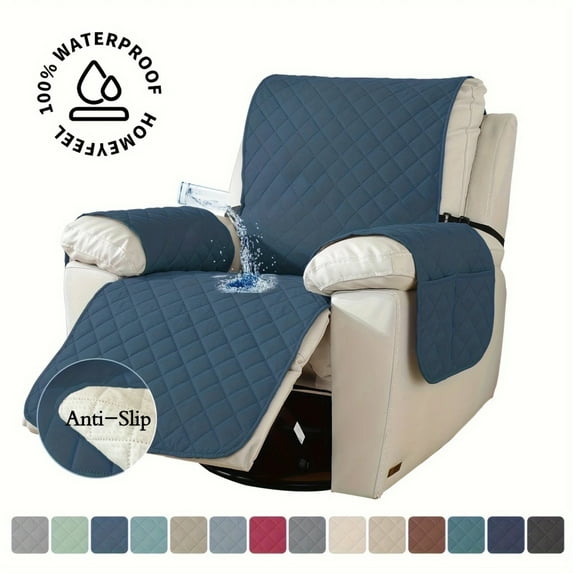 Lavish Cover 100% Waterproof Recliner Chair Cover, 1 Piece Non-Slip Recliner Chair Slipcovers, Washable Furniture Protector with Pockets & Elastic Straps for Kids Pets, 28 inch, Berlin Blue