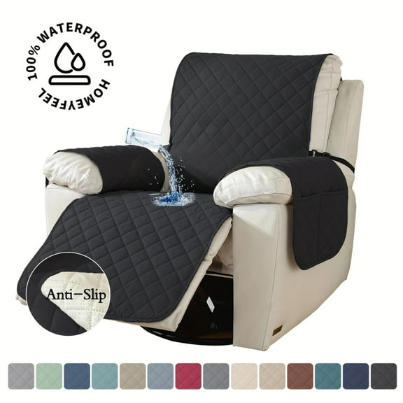 Lavish Cover 100% Waterproof Recliner Chair Cover, 1 Piece Non-Slip Recliner Chair Slipcovers, Washable Furniture Protector with Pockets & Elastic Straps for Kids Pets, 28 inch, Black