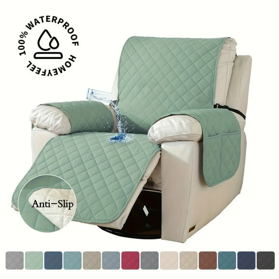 Lavish Cover 100% Waterproof Recliner Chair Cover, 1 Piece Non-Slip Recliner Chair Slipcovers, Washable Furniture Protector with Pockets & Elastic Straps for Kids Pets, 28 inch, Mint Green