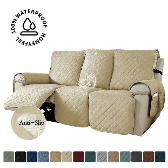 Lavish Cover 100% Waterproof Recliner Sofa Cover, 3 Pieces Non-Slip Recliner Couch Slipcovers, Washable Furniture Protector with Pockets & Elastic Straps for Kids Pets, 3 Seaters, Beige