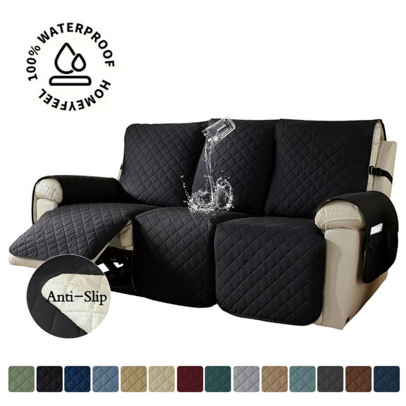 Lavish Cover 100% Waterproof Recliner Sofa Cover, 3 Pieces Non-Slip Recliner Couch Slipcovers, Washable Furniture Protector with Pockets & Elastic Straps for Kids Pets, 3 Seaters, Black