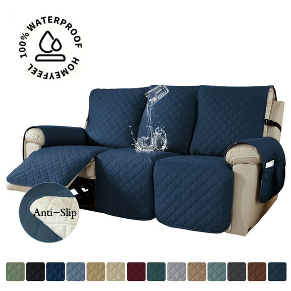 Lavish Cover 100% Waterproof Recliner Sofa Cover, 3 Pieces Non-Slip Recliner Couch Slipcovers, Washable Furniture Protector with Pockets & Elastic Straps for Kids Pets, 3 Seaters, Dark Blue
