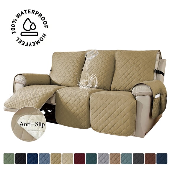 Lavish Cover 100% Waterproof Recliner Sofa Cover, 3 Pieces Non-Slip Recliner Couch Slipcovers, Washable Furniture Protector with Pockets & Elastic Straps for Kids Pets, 3 Seaters, Khaki
