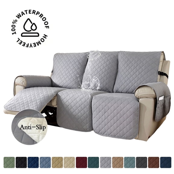 Lavish Cover 100% Waterproof Recliner Sofa Cover, 3 Pieces Non-Slip Recliner Couch Slipcovers, Washable Furniture Protector with Pockets & Elastic Straps for Kids Pets, 3 Seaters, Light Gray