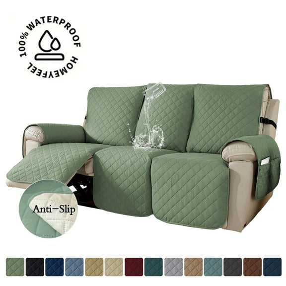 Lavish Cover 100% Waterproof Recliner Sofa Cover, 3 Pieces Non-Slip Recliner Couch Slipcovers, Washable Furniture Protector with Pockets & Elastic Straps for Kids Pets, 3 Seaters, Mint Green
