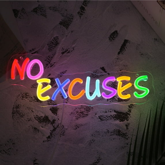 Y YUNHSOM "NO EXCUSES" Neon Sign - Colorful LED Neon Light with Adjustable Brightness & USB Power for Motivational Home Office Gym Decor