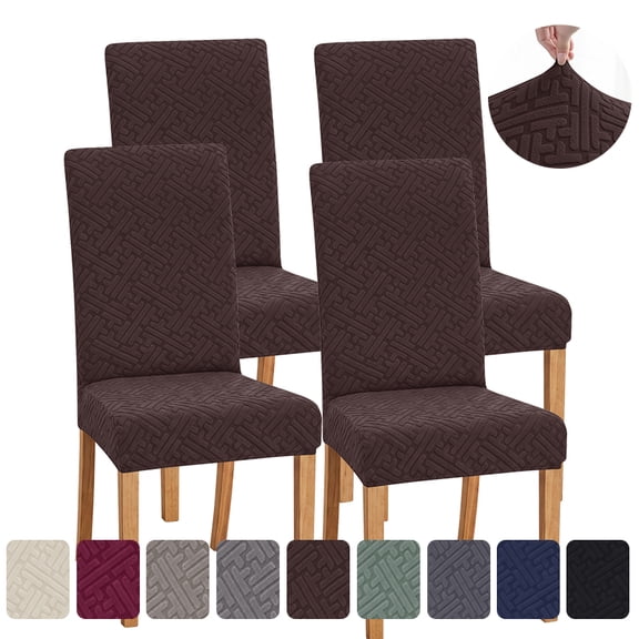 Lavish Cover 4 Pack Dining Chair Covers, Dark Coffee Stretch Slipcovers with Geometric Pattern, Soft Removable Seat Protectors for Home Kitchen