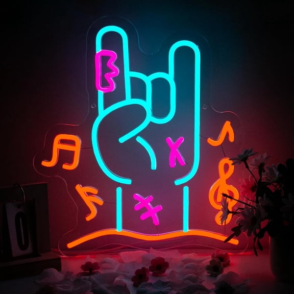 UPONRAY Rock Finger Neon Signs, 13"*13.8" Dimmable & USB-Powered LED Neon Light, Stylish Wall Decor for Bedroom, Game Room, Dance Hall, Internet Cafe, Arcade