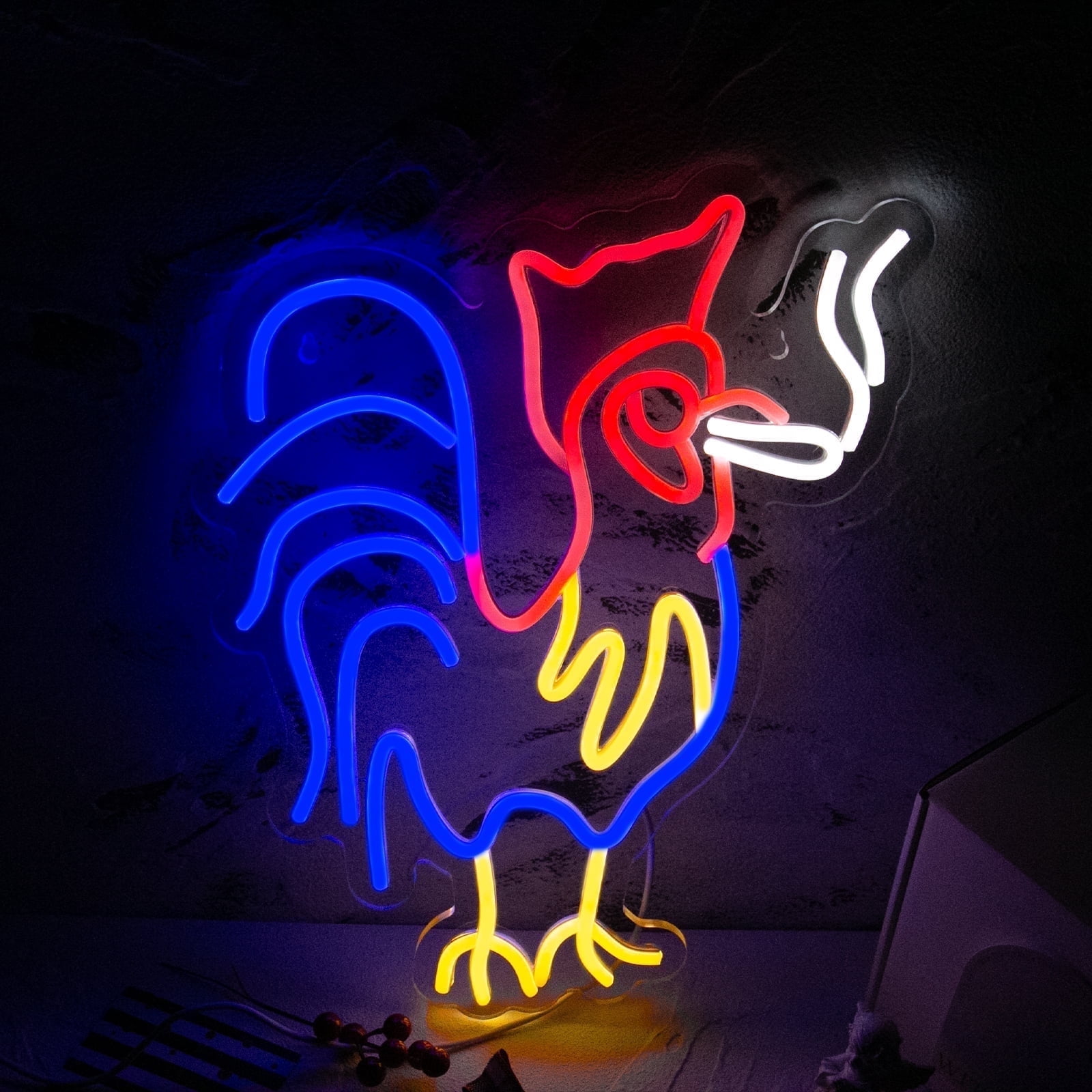 Y YUNHSOM Rooster Neon Sign Red Blue Led Signs for Wall Decor USD Power ...