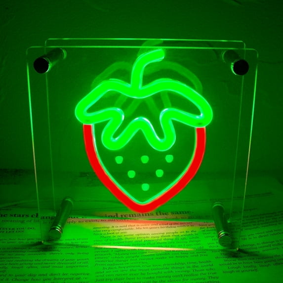 Y YUNHSOM Strawberry Neon Sign LED Cute Neon Light USB Powered Desk Lightbox,Dimmable Double Layer Neon Night Light for Bedroom Table Kids Room Brithday Gift Hotel