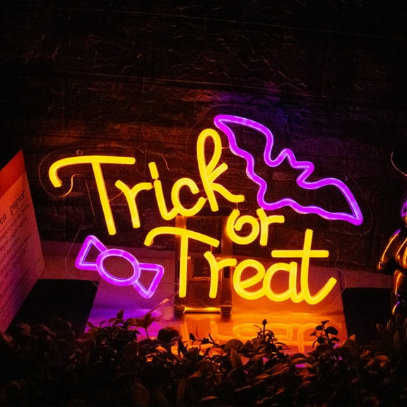 UPONRAY Trick or Treat Neon Signs, 15.3"*9.6" Dimmable & USB-Powered LED Neon Light, Stylish Wall Decor for Halloween Party, Home, Bar, Shop, Haunted House