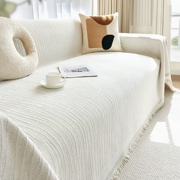 Lavish Cover White Multi-Functional Couch Cover Blanket, 70"x130" Soft Breathable Textured Sofa Throw with Tassels, Washable Furniture Protector for Pets & Kids
