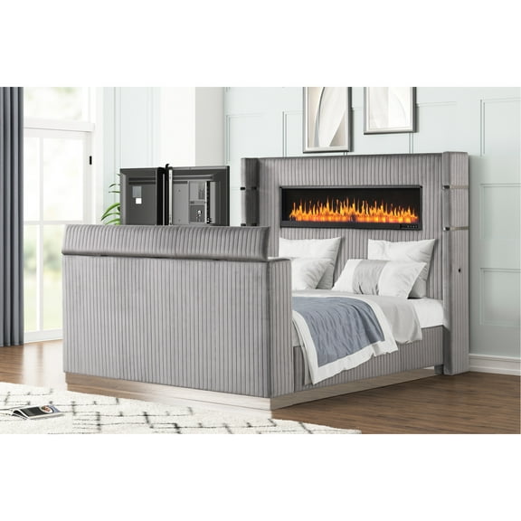Lavish Grey King Bed With Fireplace Headboard & Tv Stand Popular Modern Size In Grey, Cool Selection