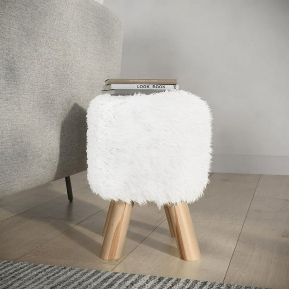 Lavish Home 11-inch Round Faux Fur Ottoman, Footrest, or Accent Stool (White)