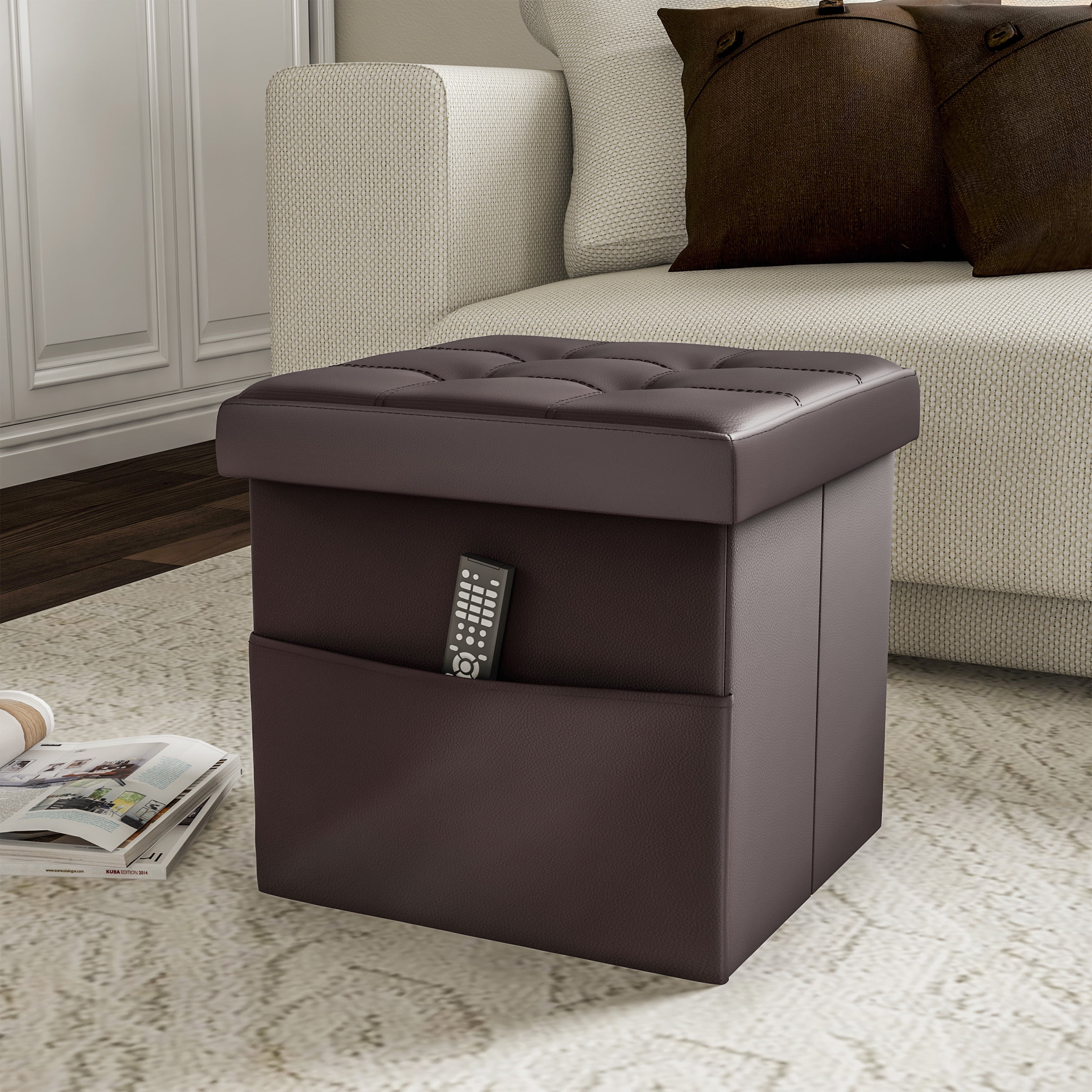 Lavish Home 15-inch Folding Tufted Faux Leather Storage Ottoman with Pocket (Brown)