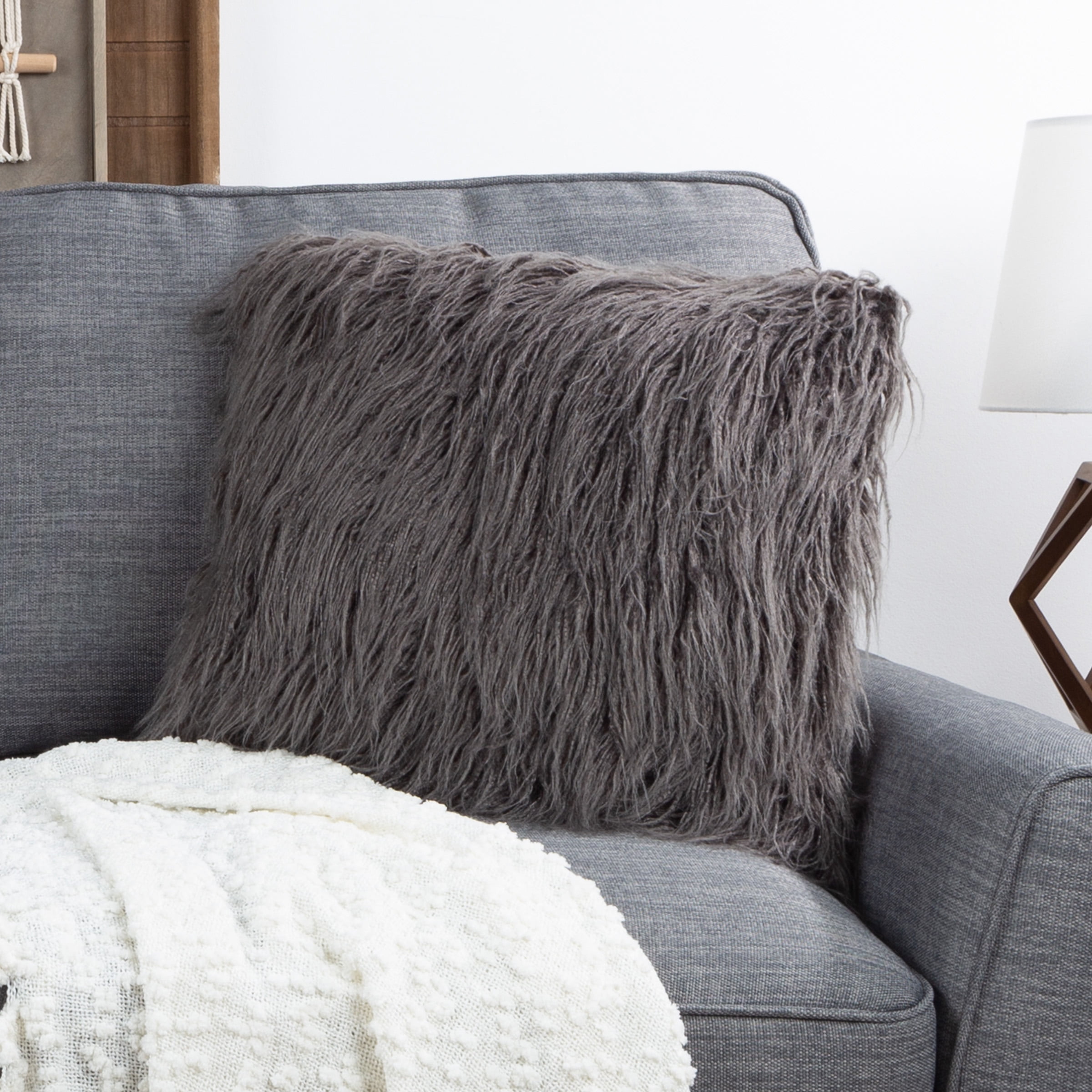 18-inch Gray Faux Fur Square Accent Pillow Set