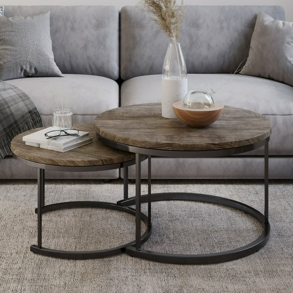 Lavish Home 2-Piece Round Coffee Table Set - Nesting Tables for Living Room, Side Tables to Use Together or Separately,Gray-Brown