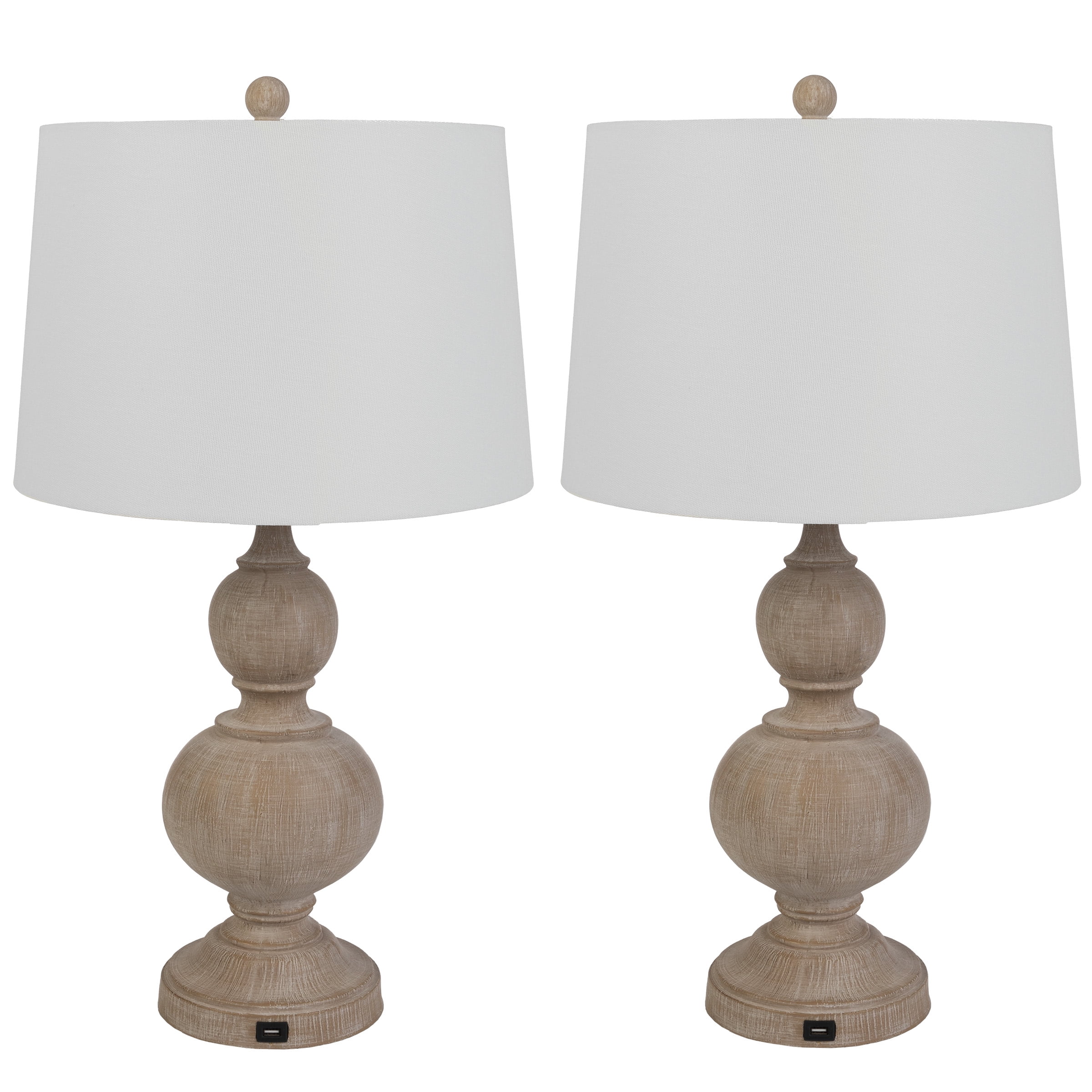 Lavish Home Table Lamps (Set of 2) - Bedside Lamps with USB Charging Ports (Whitewash)