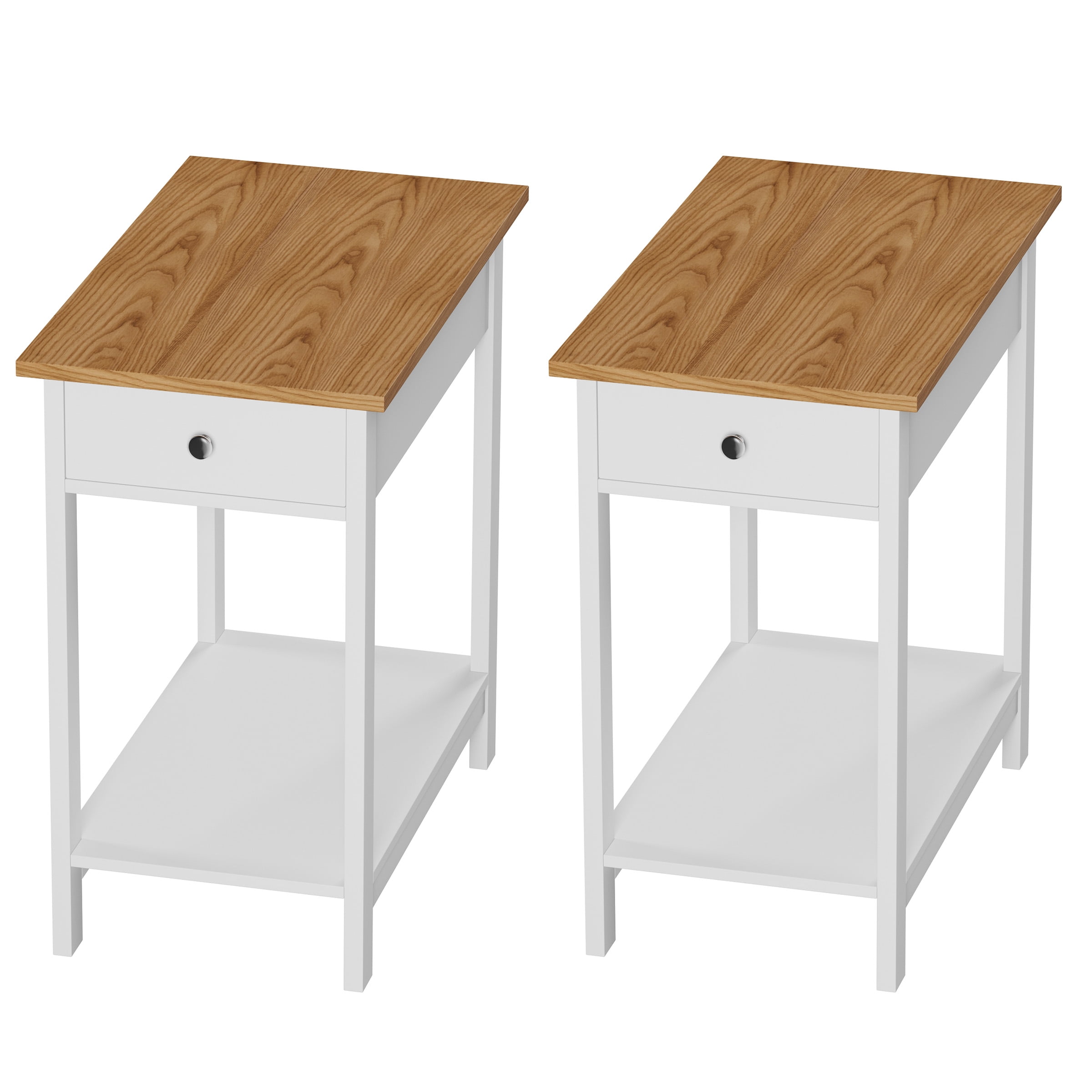 White and Honey Oak Slim End Tables with Drawer, Set of 2