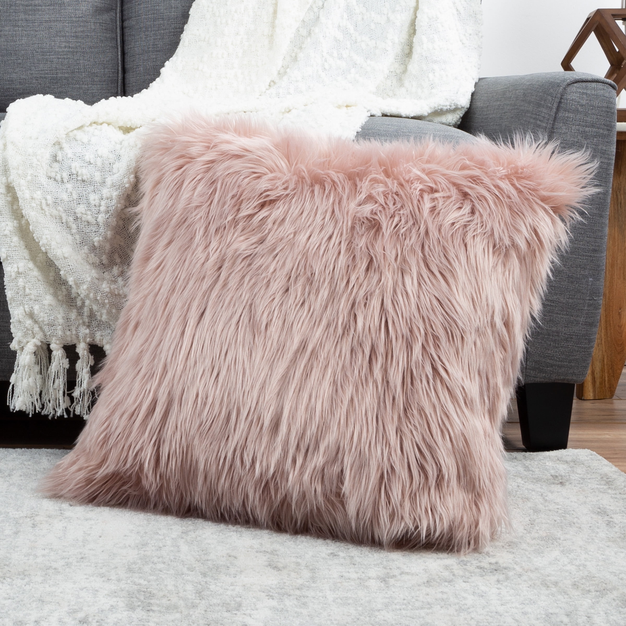 22-inch Pink Shag Faux Fur Square Floor Pillow