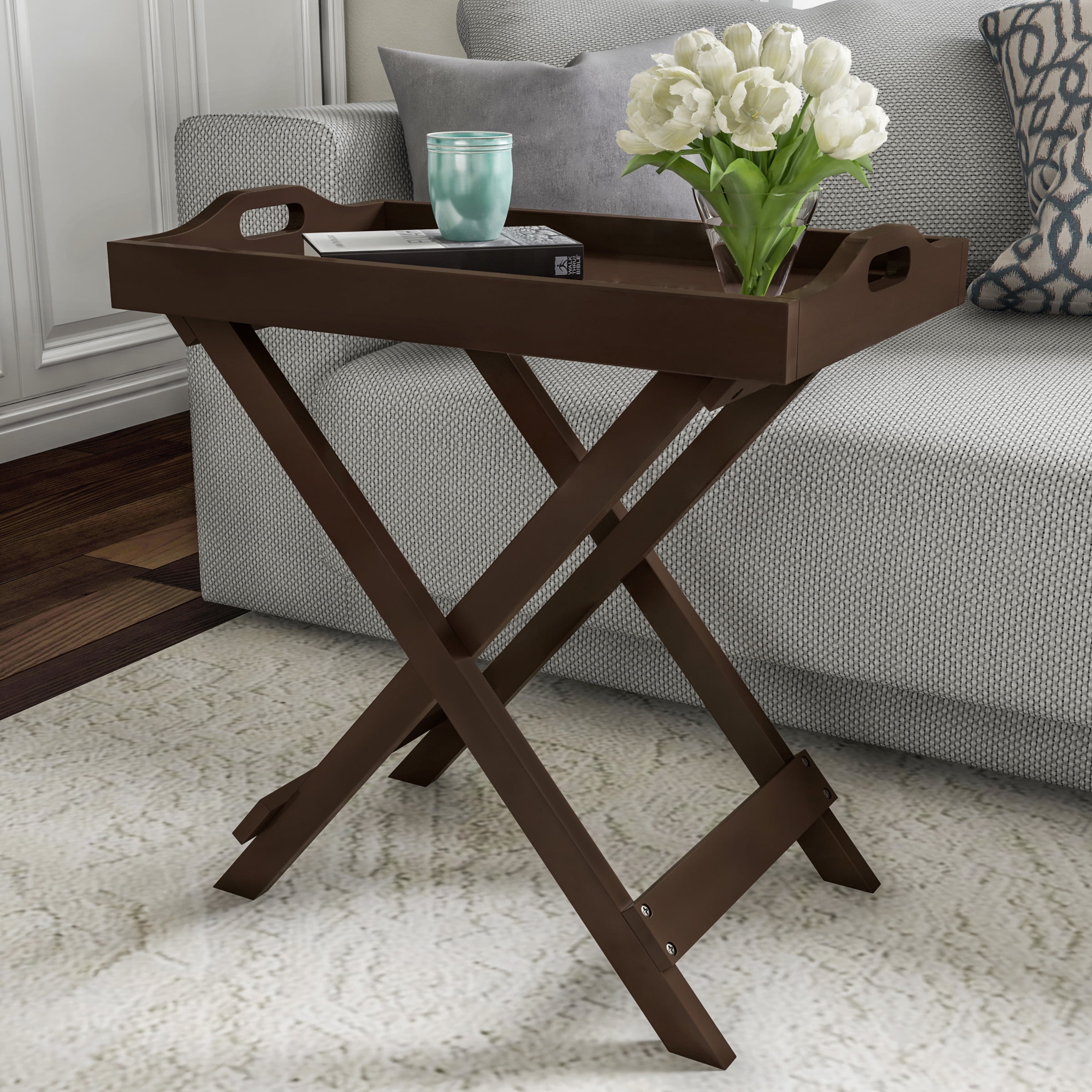 Brown MDF Wood Folding End Table with Removable Tray Top