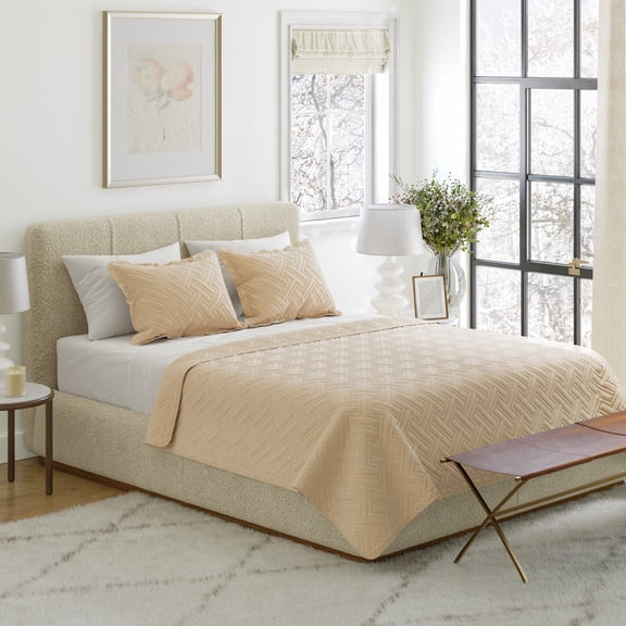 Lavish Home 2PC Twin Quilt Set - Twin Bedspread and Pillow Sham (Natural)