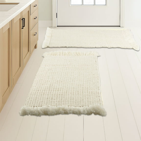 Lavish Home 2PC Waffle Bath Mat Set - Washable Bathroom Rugs (Ivory)
