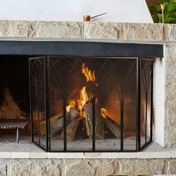 Lavish Home 3 Panel Victorian Style Gothic Folding Fireplace Screen with Black Protective Mesh