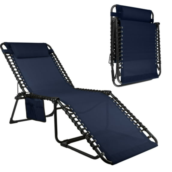 Lavish Home Outdoor Chaise Lounger Chair – 3-Position Folding Recliner with Pillow & Pocket, Navy Blue