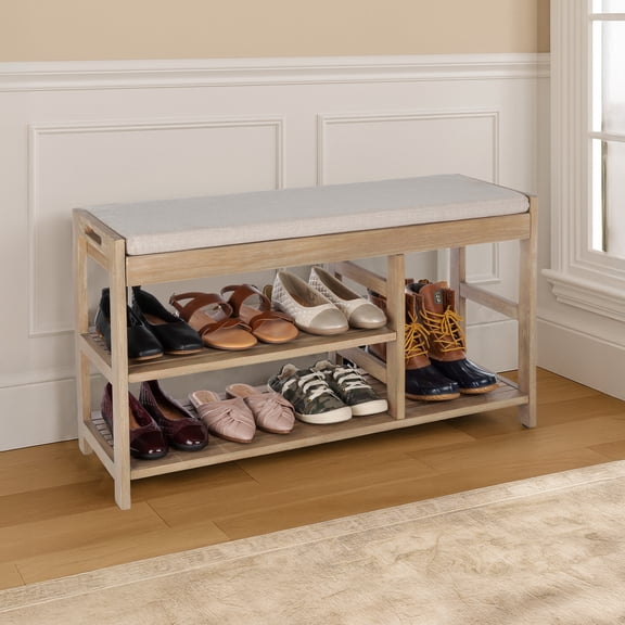 Lavish Home Three-Tier Entryway Shoe Bench with Cushioned Seat, Driftwood Brown