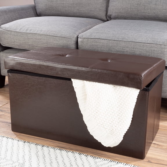 Lavish Home 30-inch Faux Leather Folding Storage Ottoman with Removable Bin (Brown)
