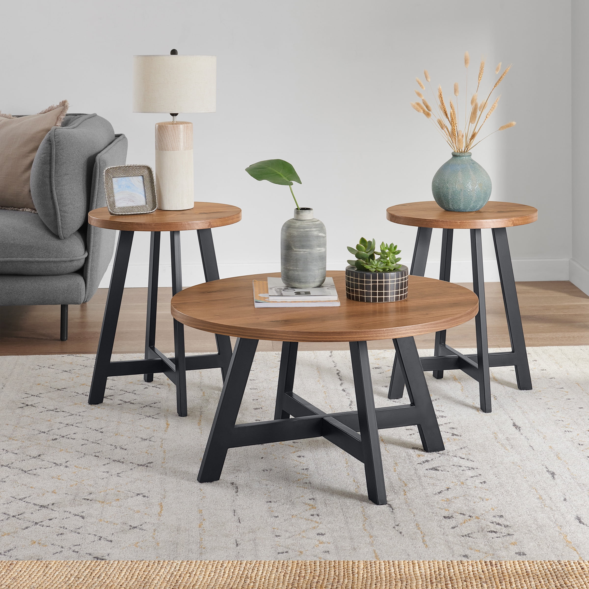 Lavish Home 3PC Industrial Round Coffee Table Set with Side Tables (Walnut)