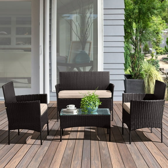 Lavish Home 4-Piece Patio Set – Rattan Sofa, Chairs with Cushions & Glass Table, Black/Beige