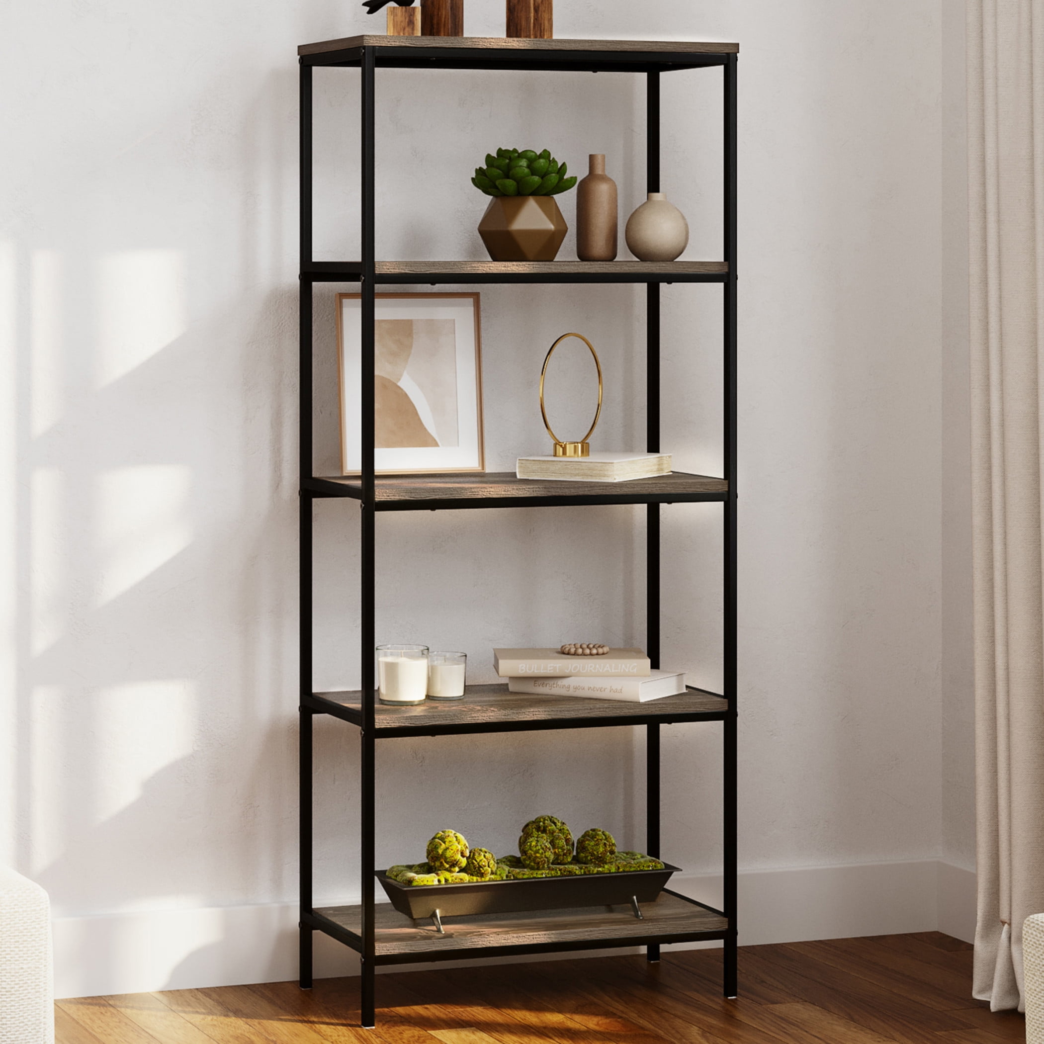 Rustic Gray Woodgrain 5-Tier Industrial Bookshelf